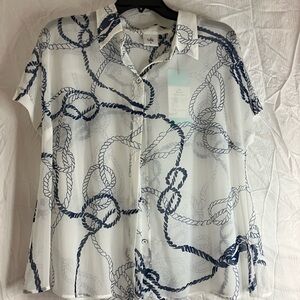 CAbi White and Blue Rope Print Blouse